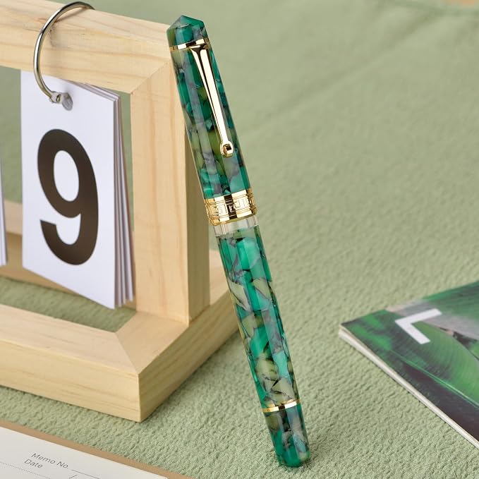 Asvine P20 Piston Fountain Pen, Stub Nib 1.1mm Calligraphy Art Drawing Green Marble Acrylic with Case Set