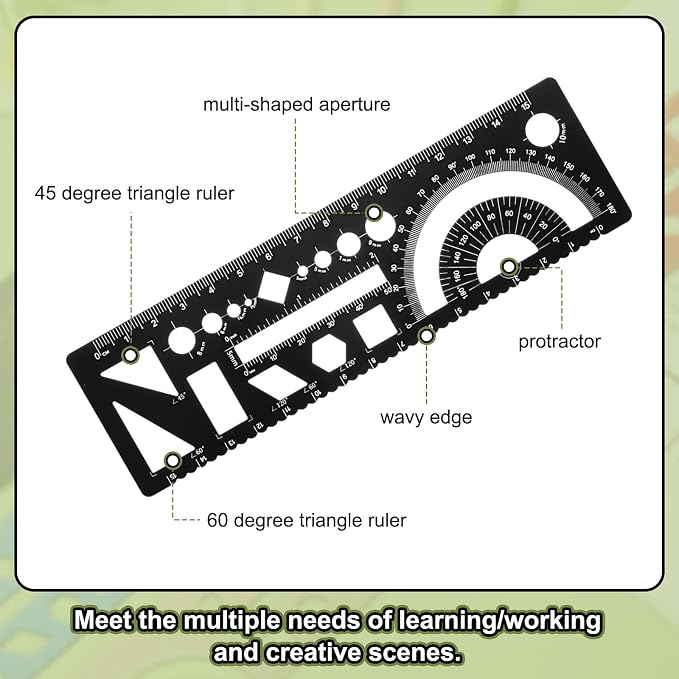 HARFINGTON Multifunctional Geometric Rulers 15cm Metric and SAE Aluminum Straight Edge Protractor Angle Math Measuring Ruler Geometric Drawings Templates for Drawing Drafting, Black