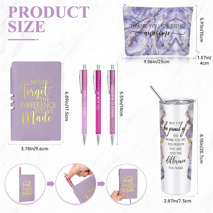 Domensi 6 Pcs Employee Appreciation Gift Set for Women Female Thank You Gift May You Be Proud 20 oz Rustic Marble Sign Tumbler Makeup Bag Journal for Boss Teacher Work Business(Purple)