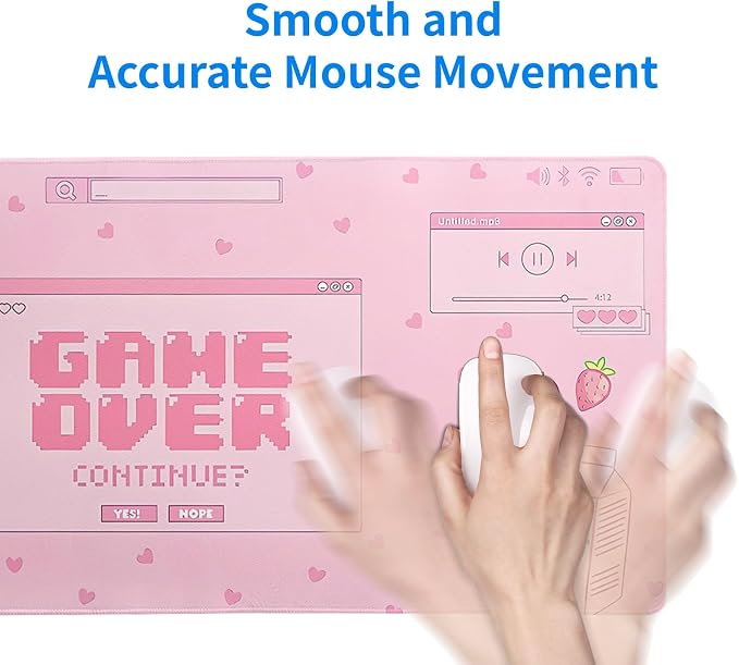Pink Gaming Mouse Pad 27.6x11.8 Inch Pastel Game Over Large Mousepad Kawaii Office Decor for Women Non-Slip Rubber Base Stitched Edges Keyboard Mouse Mat Desk Pad for Office Home and Game
