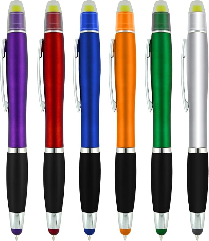 SyPen Bible Highlighter with Pen and Stylus for Touchscreens, 3 in 1 Combo, All Yellow Highlighters, All Black Ballpoint Ink, Wax Gel Highlighters, Multi-Color Barrels, Pack of 12