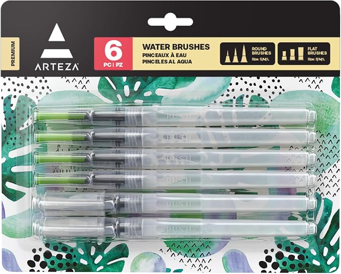 ARTEZA Water Brush Pens, Set of 6, Refillable Self-Moistening Watercolor Brush Pens with Round and Flat Nylon Tips for Painting, Calligraphy, Lettering and Travel