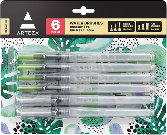 ARTEZA Water Brush Pens, Set of 6, Refillable Self-Moistening Watercolor Brush Pens with Round and Flat Nylon Tips for Painting, Calligraphy, Lettering and Travel