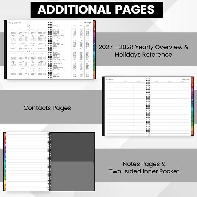 2027 Planner - 2027 Weekly and Monthly Planner | Jan. 2027 - Dec. 2027, 9” x 11”, Planner for Women Men with Twin-Wire Binding, 12 Colorful Tabs, Pocket, Holidays - Black