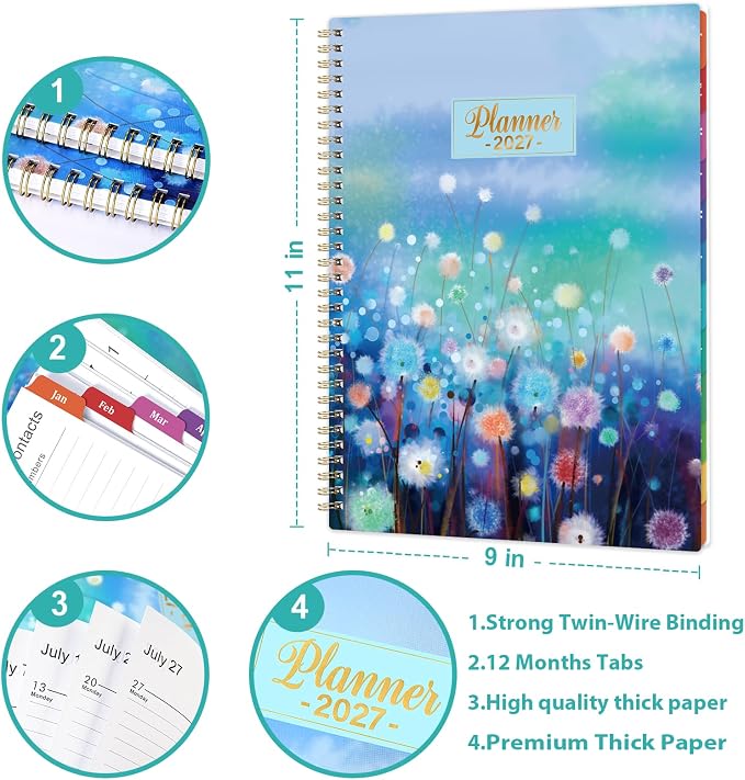 2027 Planner - 2027 Weekly and Monthly Planner, Jan. 2027 - Dec. 2027, 11” x 8.5”, Calendar Planner 2027, Colorful Laminated Tabs, Premium Thick Paper, Twin-Wire Binding, Storage Pocket