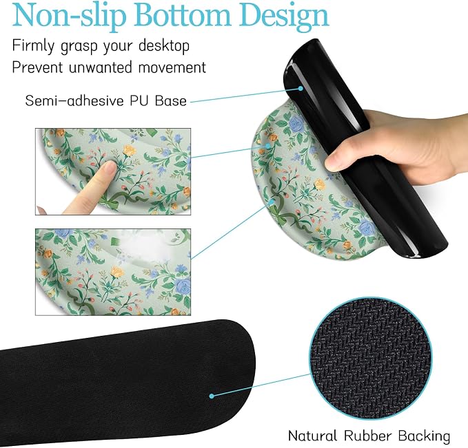 LIMKRIAN Floral Desk Mat Set, Cute Green Mouse Pad with Gel Wrist Rest | Ergonomic Shape Design, XXL Large Desk Pad Stitched Edges, Keyboard Wrist Support, Coaster, Desk Accessories Decor for Women