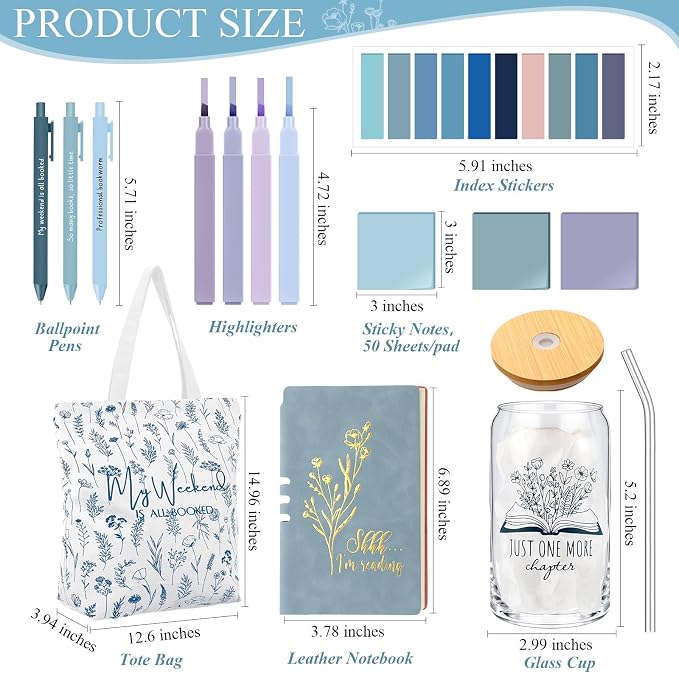 Havawish 14 Pcs Book Lovers Gift for Women 16 oz Glass Cup Tote Bag A6 Journal Notebook Pens Highlighters Sticky Notes Back to School Teacher Librarian Bookish Book Club(Blue,Aesthetic)