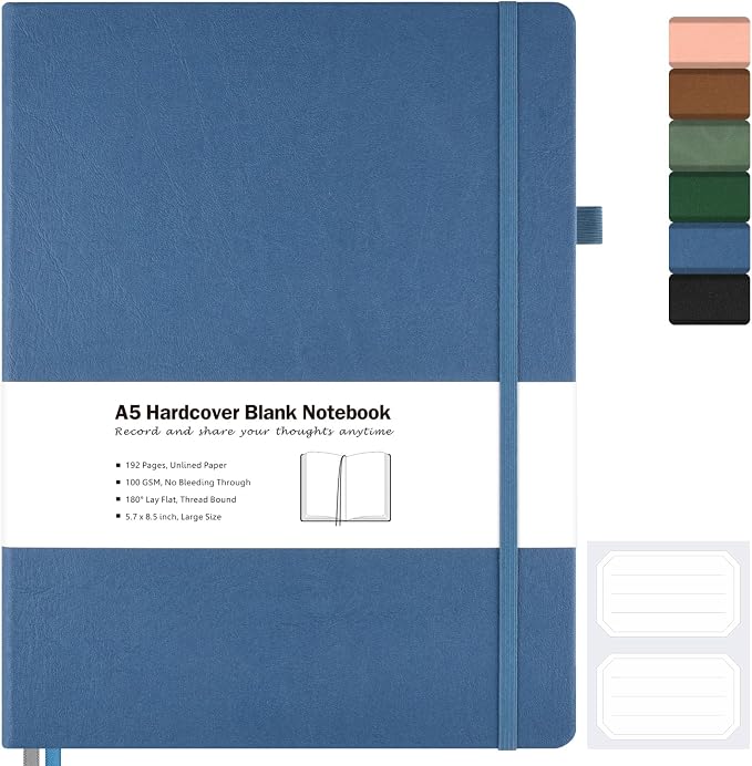 Blank Notebook, Hardcover Sketchbook, Leather Unlined Journal for Women Men | No Bleed Thick Paper Sketch Book for Drawing/Writing/Journaling, Lay Flat, A5 Portable Size for Work, School, and Travel