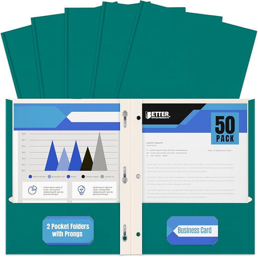 Better Office Products Teal Paper 2 Pocket Folders with Prongs, 50 Pack, Matte Texture, Letter Size Paper Folders, 50 Pack, with 3 Metal Prong Fastener Clips, Teal