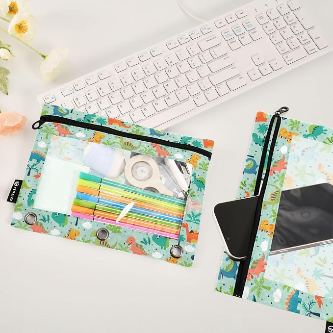 Funny Dinosaurs Pencil Pouches for 3 Ring Binder, Zipper Binder Pencil Case, 2 Pack Clear Window Case Bag for Office Organizers