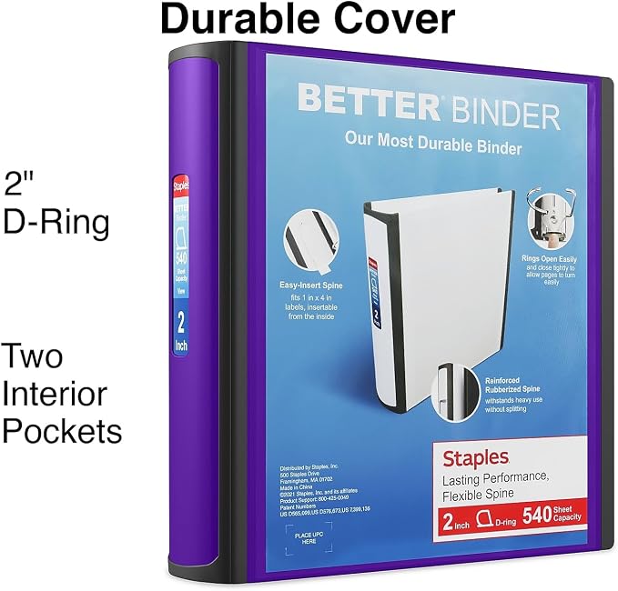 Staples Better Binder, 2" Heavy‑Duty D‑Ring 3‑Ring Binder, Purple, Reinforced Spine, 540‑Sheet Capacity, Durable for School, Office & Filing, 2‑Pack