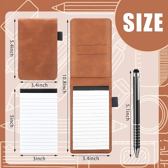 Outus 10 Pcs Mini Pocket Notepad Holder Set Included Small Leather Pocket Notebook Holder with 50 Lined Sheets, Metal Pen, 8 Pcs 3 x 5 Inch Memo Book Refills, 30 Lined Paper Per Note Pad (Camel，white)