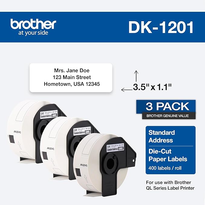 Brother Printer Genuine Die-Cut Standard Rolled Address Labels QL Printer, (DK12013PK), 3 Pack Roll