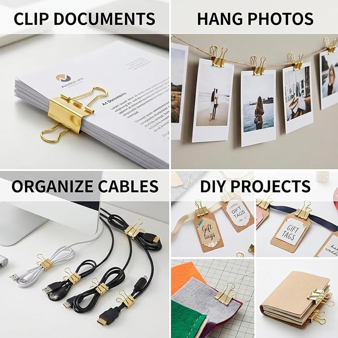 100 Pcs Rose Gold Binder Clips, Assorted Sizes Mini Small Medium, Metal Paper Clamps for Office School Supplies