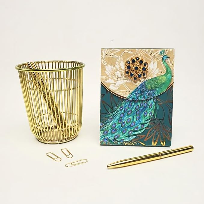Punch Studio Flip-Top Notepad For Daily Notes or Notes on-the-go, with Magnetic Closure, Brooch Embellishment, Gold-Foil Accents & 75 Illustrated Sheets, 5" x 3.75" - Emerald Peacock (44667)