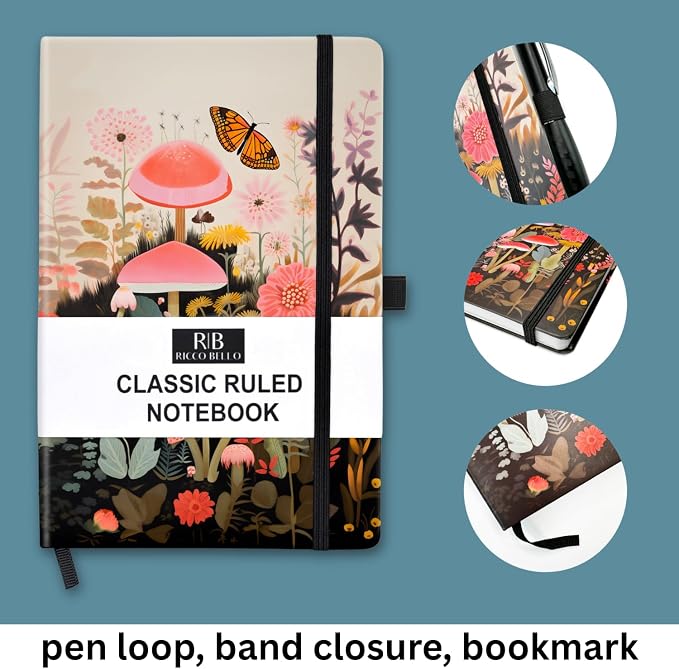 RICCO BELLO Lined Journal Notebook, Mushroom Garden, Hardcover | College Ruled, 96 Sheets / 192 Pages, 5.7 x 8.4 Inches, Pen Holder, For Work & Notes