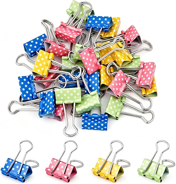 BAYTORY 32Pcs Polka Dot Binder Clips, 3/4 Inch (19 mm) Small Binder Clips | Colored Paper Clamps, Paper Clip for School Teachers Office Supplies (Yellow, Green, Blue, Pink)
