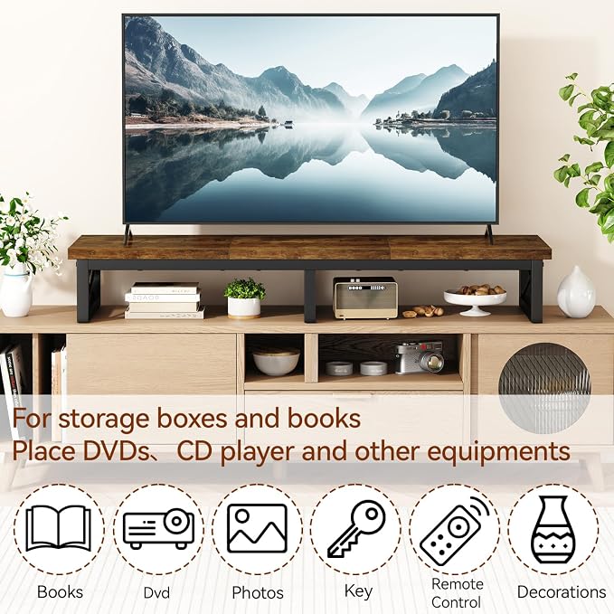 IBUYKE 45" Large TV Riser for 32-60 inch TV,Tabletop Short TV Stand with Storage and Steel Legs,Dual Screen Office Desk,Stand Riser,TV Riser Stand for Home,Bedroom,Living Room,Rustic Brown TVT002H
