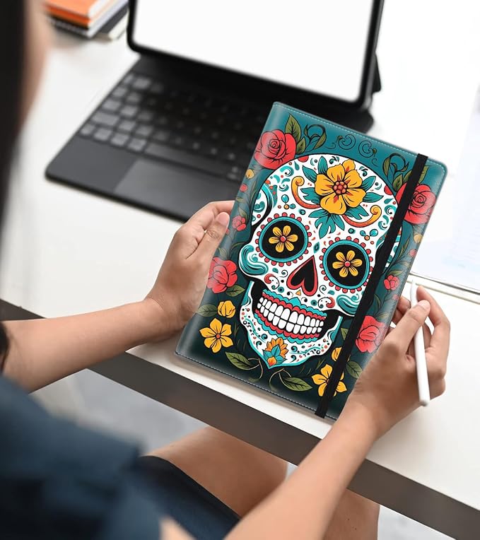 A5 Leather Lined Journal Notebook, 200 Pages Hardcover Executive Notebook for Men Women Office School Note Taking, Thick Writing Paper Daily Journal with Bookmarks/Indexes, Cute Sugar Skull