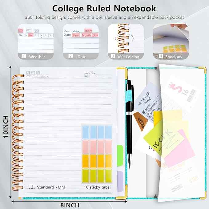 Hardcover Spiral Notebook College Ruled, 8"x10" Leather Journal Notebook with Magnetic Closure, 300 Pages 5 Subject Notebook with Dividers Tabs Journal for Women Men, Work, School(Blue)
