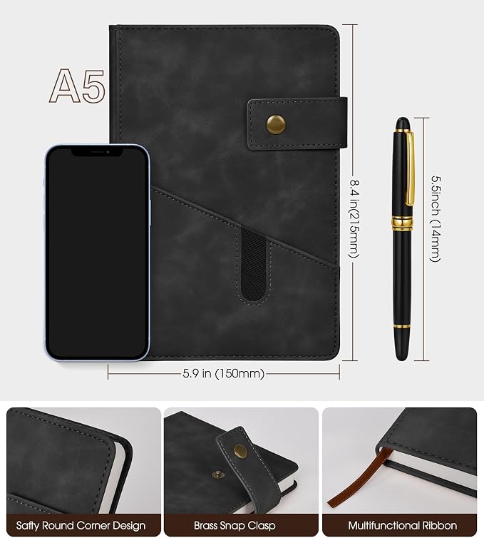 vfaejll A5 Lined Leather Journal Notebook,Hardcover Journal Set with Pen and Gift Box,100Pages 100gsm Thick Ruled Paper Daily Diary for Men Women School,Travel,Business,Work,Writing 5.9" X 8.4"