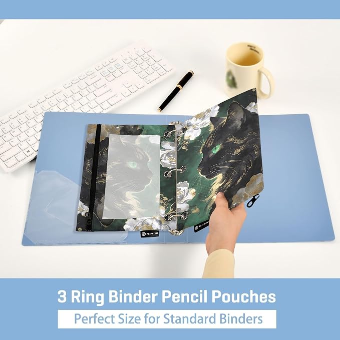 Funny Cat Pencil Pouches for 3 Ring Binder, Zipper Binder Pencil Case, 2 Pack Clear Window Case Bag for Office Organizers