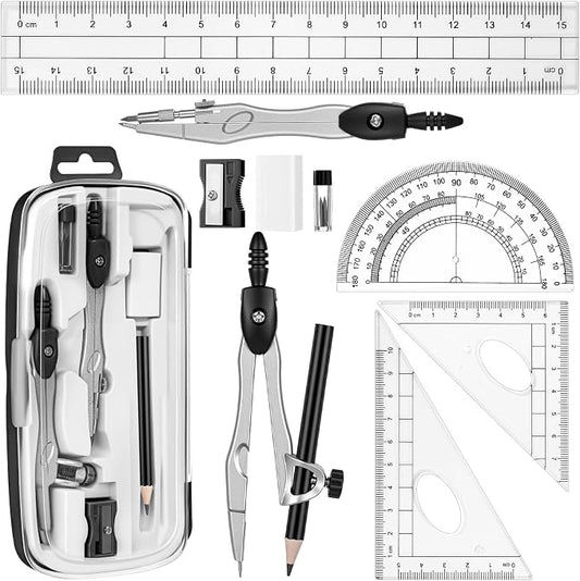 Zonon Math Geometry Set for Students 10 Pcs Compass Geometry Tools Kit Includes Protractor Compass Lead Refills Rulers Pencil Sharpener Eraser Pencil Storage Box for Drafting and Drawings(Black)