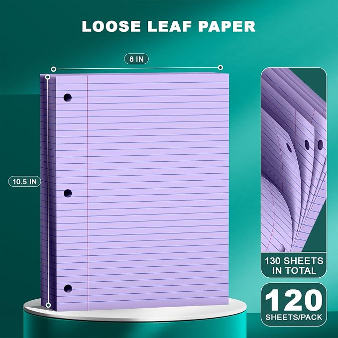 Purple Note Pads 8 X 10.5 Loose Leaf Paper, 120Sheets, 3 Hole Punched Lined Paper, College Ruled 8 X 10.5 Notebooks, 10-1/2" X 8 Binder Writing Pads, Filler Paper for Office, School Supplies