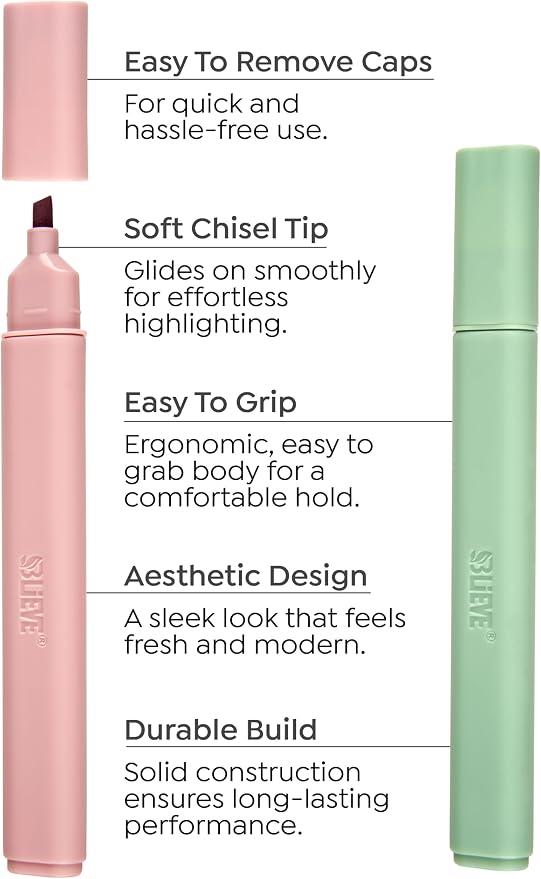 BLIEVE Bible Highlighters No Bleed Through, Chisel Tip, 5 Pack