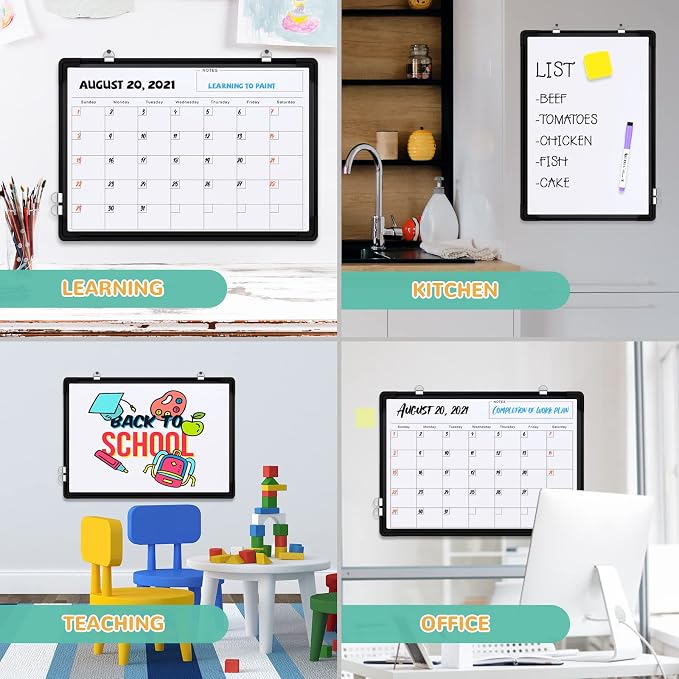 Monthly Calendar Whiteboard for Wall, 16x12 Inches Dry Erase Board, Small Magnetic White Board, Double-Sided Hanging Board for Office School Home Kitchen, Portable Board for Drawing Planning, Black