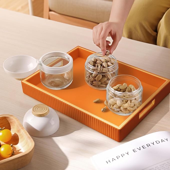 SANZIE Leather Tray Desktop Storage Organizer Premium Serving Trays Decorative Tray Valet Tray for Sundries Cosmetics Phone Wallet Cutlery (Orange Holder)