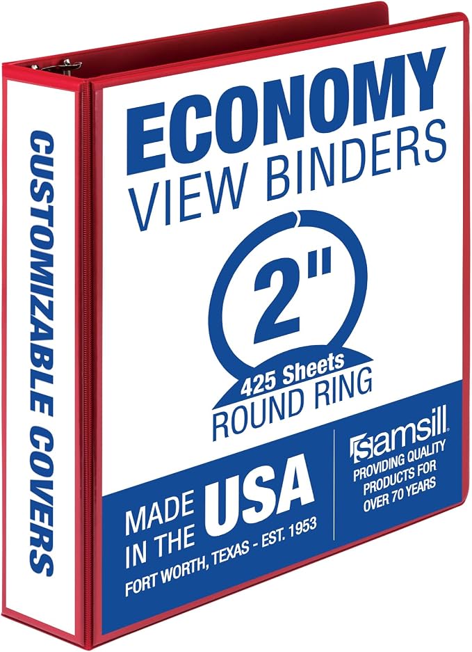 Samsill 2 Inch 3 Ring Binder, Economy Round Ring, Clear View Cover, 425 Sheet Capacity - for School, Home, Office - Ruby Red