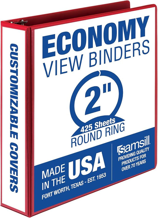 Samsill 2 Inch 3 Ring Binder, Economy Round Ring, Clear View Cover, 425 Sheet Capacity - for School, Home, Office - Ruby Red