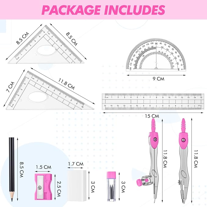 Zonon Math Geometry Set for Students 10 Pcs Compass Geometry Tools Kit Includes Protractor Compass Lead Refills Rulers Pencil Sharpener Eraser Pencil Storage Box for Drafting and Drawings(Pink)