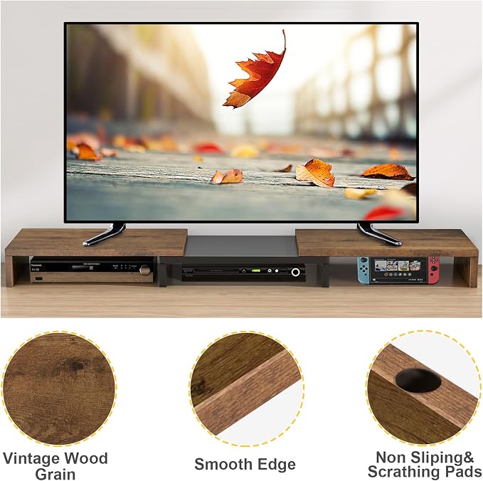 TAVR Dual Monitor Stand Riser, Wooden Computer Monitor Stand for 2 Monitors | Extra Long Multifunctional Desktop Organizer Riser for TV, PC Monitor, Laptop, Printer, Max 43.3" Length, Rustic Brown