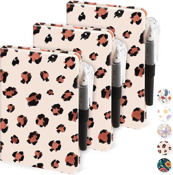 NIRMIRO Pocket Journal Notebook for Women Girls, 3 Pack Small Mini Notebook Journals with Pen, A6 (3.7" x 5.7") Leopard Cover Lined Notepad with 100GSM Thick Paper, Office Home School Supplies