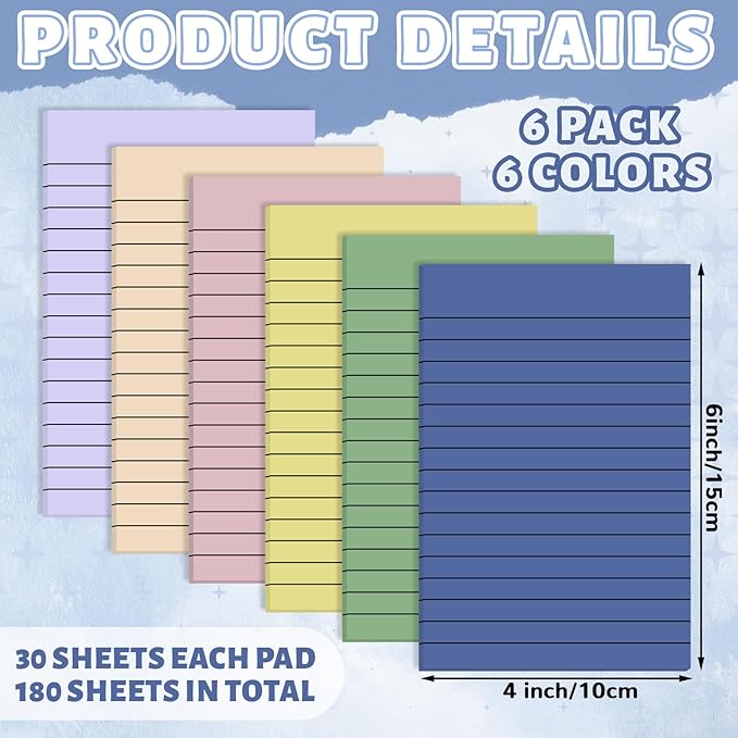 Yinder 6 Pack Colored Transparent Sticky Notes Translucent Clear Lined Self Sticky Notes, Back to School Gift Bible Tab for Planners, School Supplies Office, 30 Sheets/Pack, 4 x 6'' (Light Color)