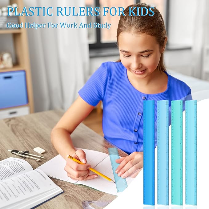 4 Pack Plastic Straight Rulers 12 Inch Coastal Colors Kids Ruler for School Clear Blue Ruler with Centimeters and Inches for Student Teacher Classroom Office School