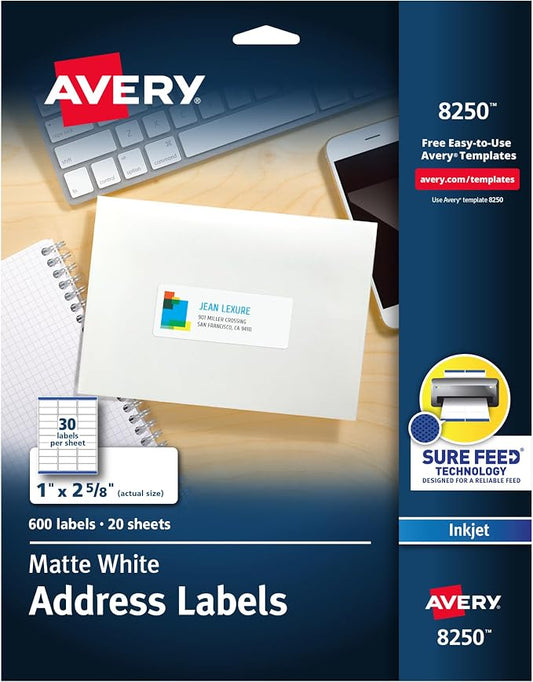 Avery Printable Address Labels, 1" x 2-5/8", Matte White, Sure Feed Technology, Inkjet Printer Compatible, 600 Blank Labels, Great for Mailing, Branding, School Supplies, and More (8250)