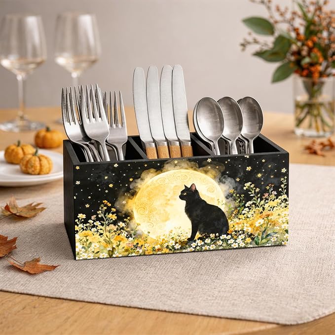 Full Moon Floral Black Cat Pen Holder Organizer Desk Decor, Black Cat Lover Gifts, Whimsical Moonlit Kitty Kitten Wooden Pen Pencil Holders for Home Office Desk Accessories
