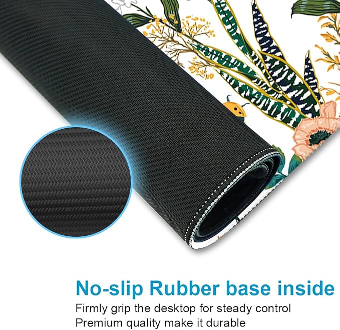 XXL Waterproof Office Desk Pad Protector 35.4x15.7 Inch - Extended Gaming Mouse Pad with Non-Slip Rubber Base, Thickened Keyboard Mat, Stitched Edges & Floral Flowers Design