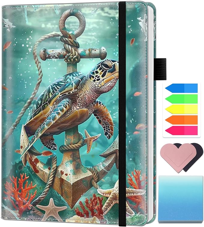 A5 Leather Lined Journal Notebook, 200 Pages Hardcover Executive Notebook for Men Women Office School Note Taking, Thick Writing Paper Daily Journal with Bookmarks/Indexes,Turtle Fish Anchor