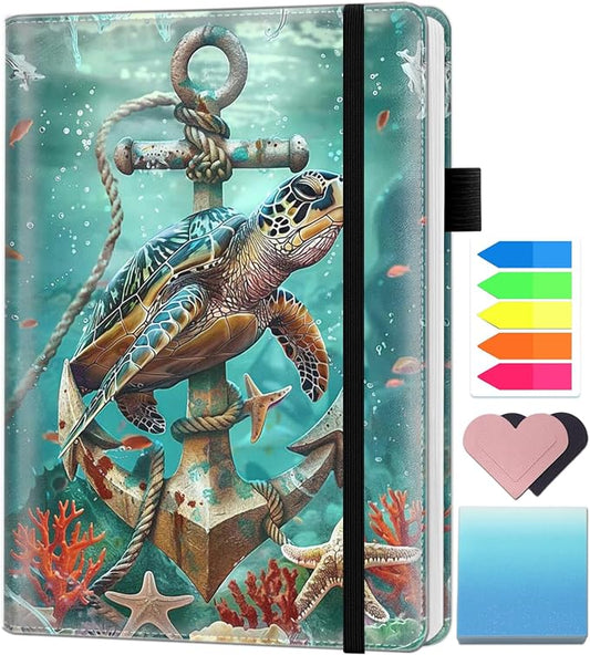 A5 Leather Lined Journal Notebook, 200 Pages Hardcover Executive Notebook for Men Women Office School Note Taking, Thick Writing Paper Daily Journal with Bookmarks/Indexes,Turtle Fish Anchor