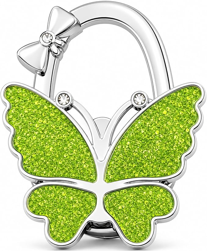 Purse Hook for Table, Foldable Handbag Hanger for Women, Portable Bag Holder with Non-Slip Base, Cute Green Butterfly Purse Table Hook for Restaurant Office Travel Gift