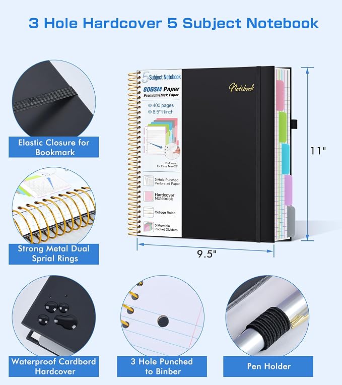 5 Subject Notebook College Ruled,80GSM Paper Thick Hardcover Spiral Notebook Lined Journal with Removable Dividers Tabs,400pages 8.5"x11" Paper Large Notebooks for School Work,3-Hole Punched, Black
