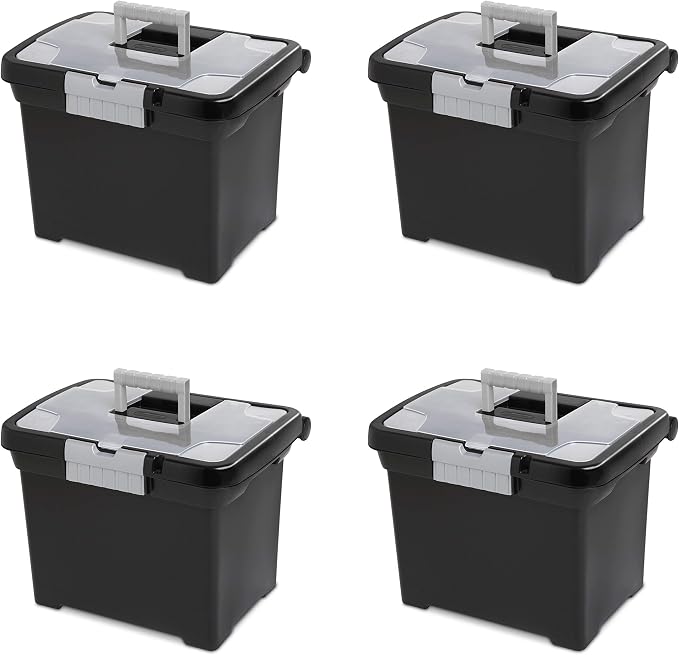 Sterilite Portable File Box with Latching Lids for Home and Office, 4-Pack | Heavy-Duty and Stackable Plastic Containers with Latches for Closet, Cabinet, Bedroom, Bathroom and Dorm Room Organization
