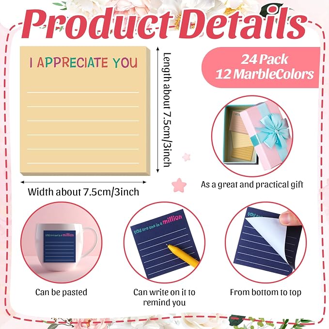 Yinder 24 Pcs Inspirational Sticky Notes, Back to School Supplies, Cute Motivational Sticky Notes Pad Employee Appreciation Gifts Bulk for Teacher Coworker Office 3 x 3'' (Appreciation,Retro)