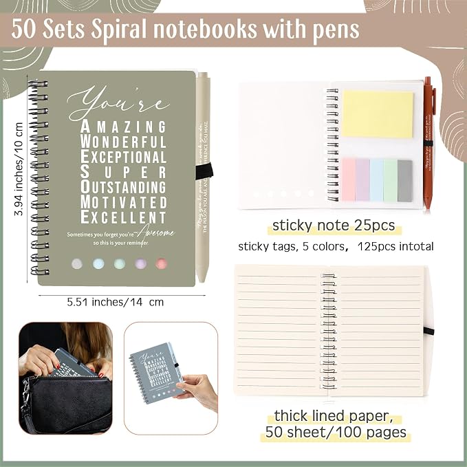 Jetec 100 Pcs/50 Sets Back to School Teacher Gifts Motivational Spiral Notebook with Sticky Notes Pen Bulk Inspirational Journals Thank You Gift for Employee Coworker Birthday Party (Morandi)