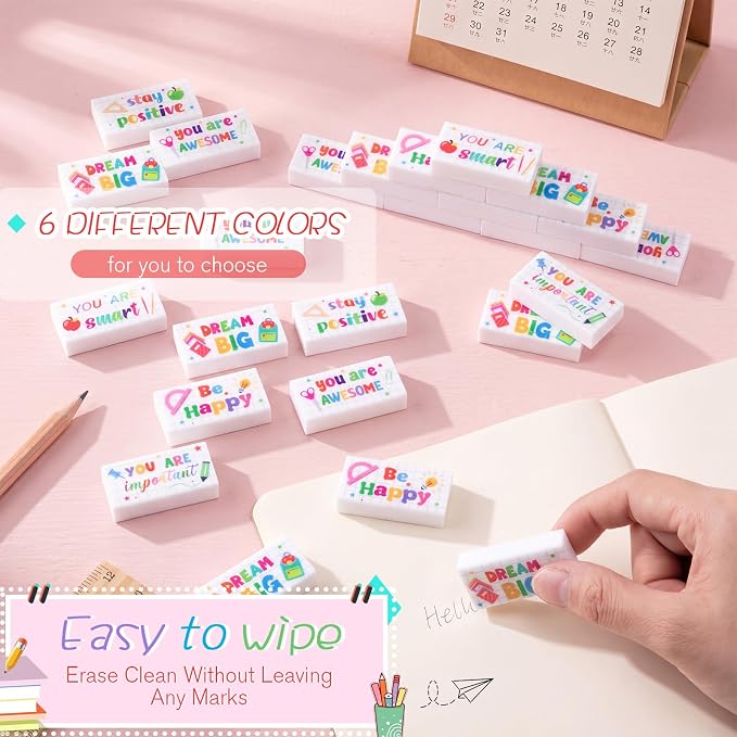 Resurhang 180 Pcs Erasers Bulk for Kids Inspirational Pencil Erasers Bulk for Drawing Motivational Big Eraser School Supplies for Classrooms Back to School Office (Motivational,White)
