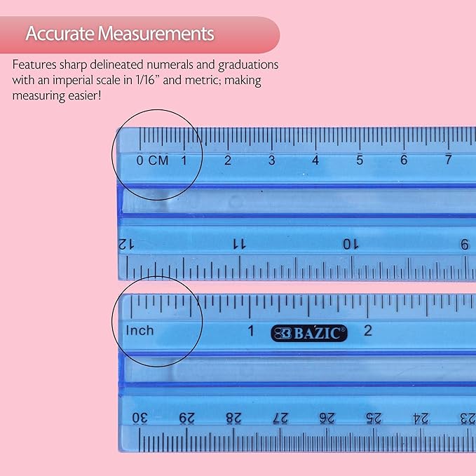 BAZIC Products 12 in Plastic Ruler with Handle Grip, 288-Case | 12 in (30 cm), clear inch and centimeter marks for measuring and drawing, Inch &